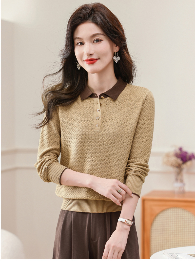 2024新款翻领含羊毛女士针织衫套头衫春秋韩版时尚气质上衣打底衫详情10