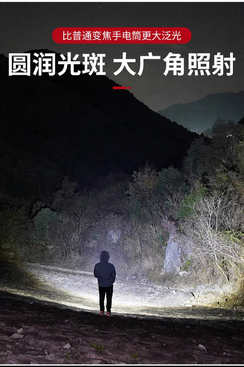 新款白红蓝三光源led手电筒强光远射长续航cob侧灯带挂钩充电手电详情5