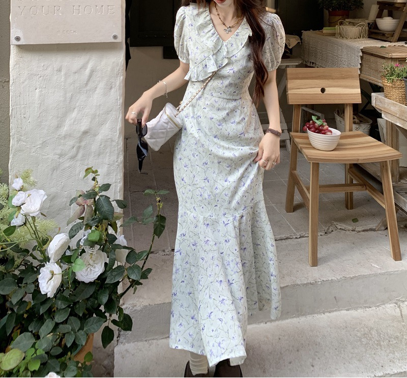 短袖碎花连衣裙中长款鱼尾裙新款初恋气质时尚温柔风裙子详情3