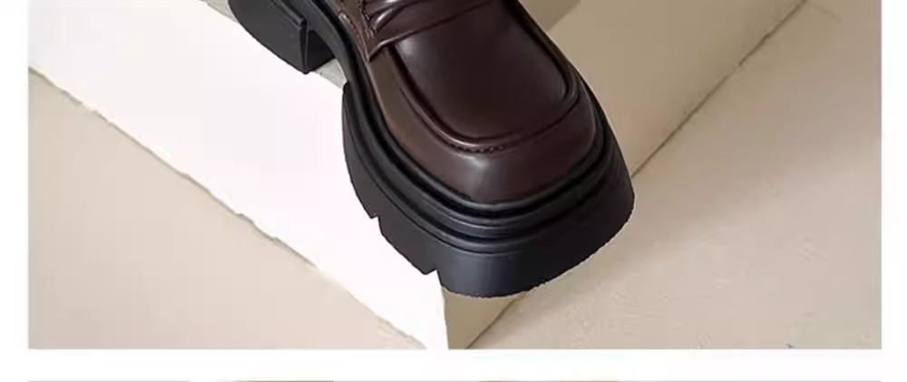 牛皮版~英伦风厚底真皮小皮鞋女复古黑色休闲松糕鞋一脚蹬乐福鞋详情13