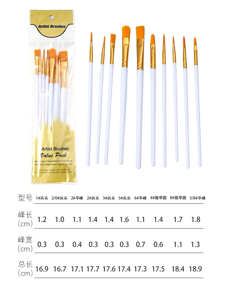 跨境亚马逊儿童美术套装10支塑料长杆水粉丙烯油画画笔尼龙材质DIY绘画工具详情7