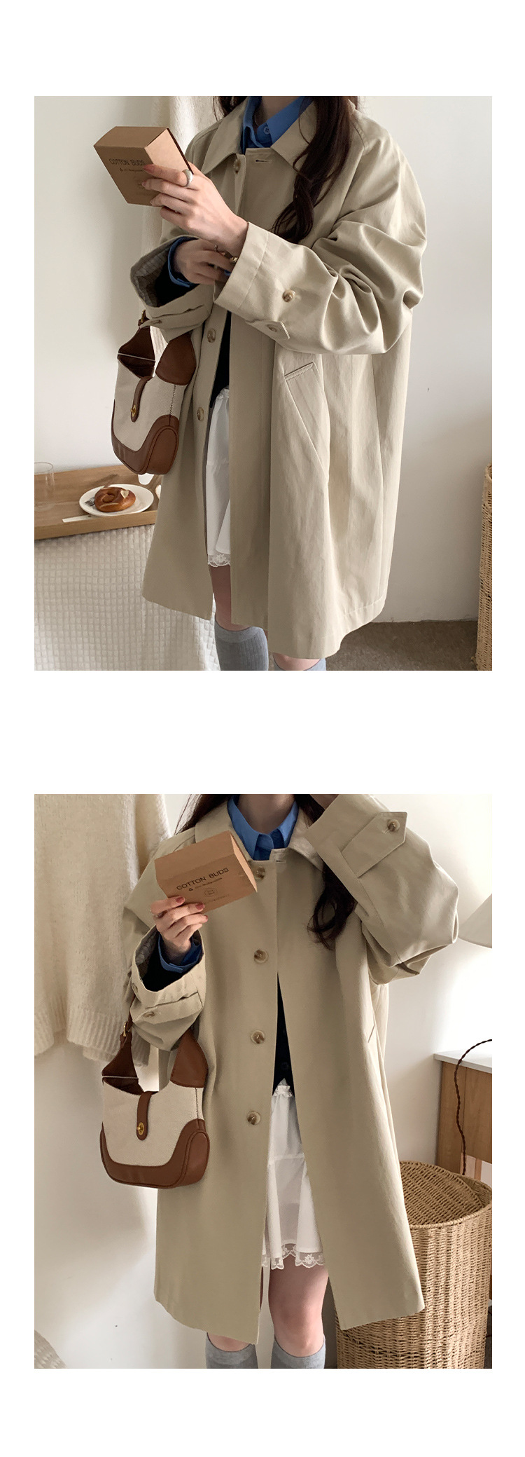 风衣外套女高级感2025春季新款韩版宽松休闲翻领卷边条纹长款大衣详情33