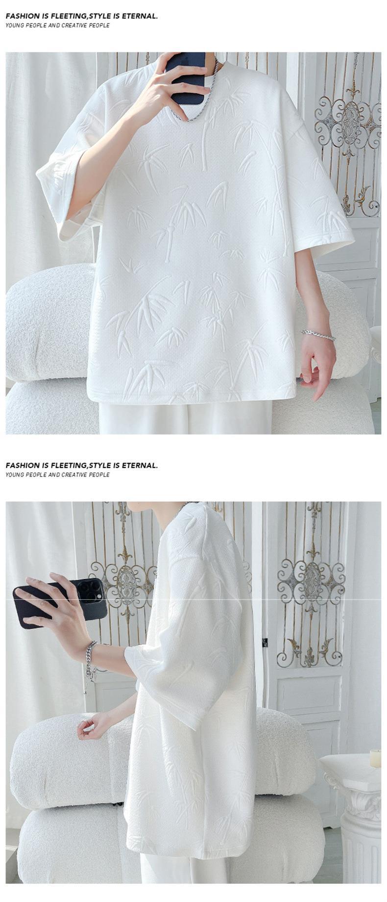 New Chinese-style short-sleeved T-shirt for men, 2024 summer, Bamboo trendy brand base, loose five-and-a-half-sleeved for students pic 3