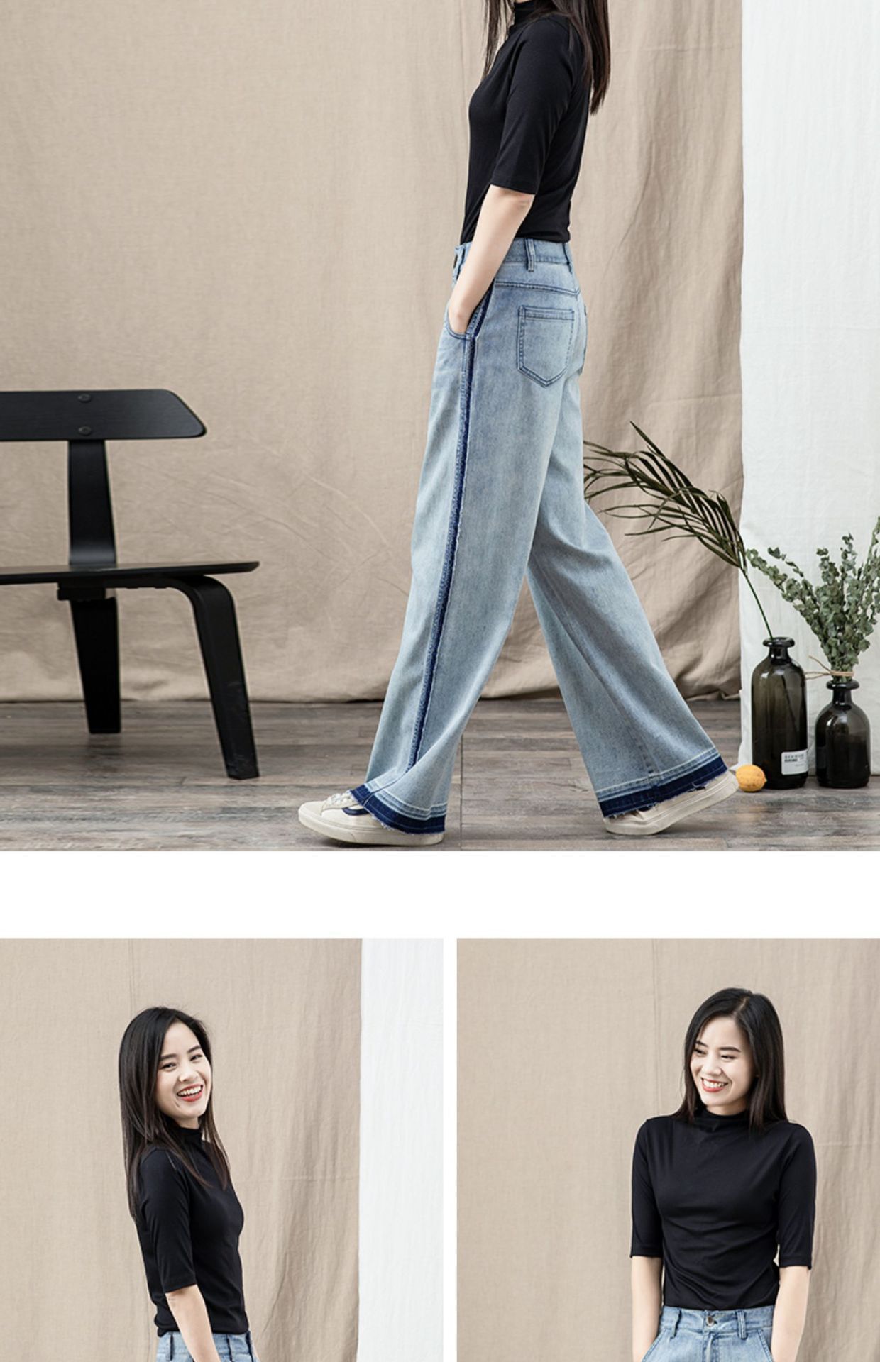 撞色直筒牛仔裤女2025春季新款毛边复古宽松休闲阔腿腿长详情35