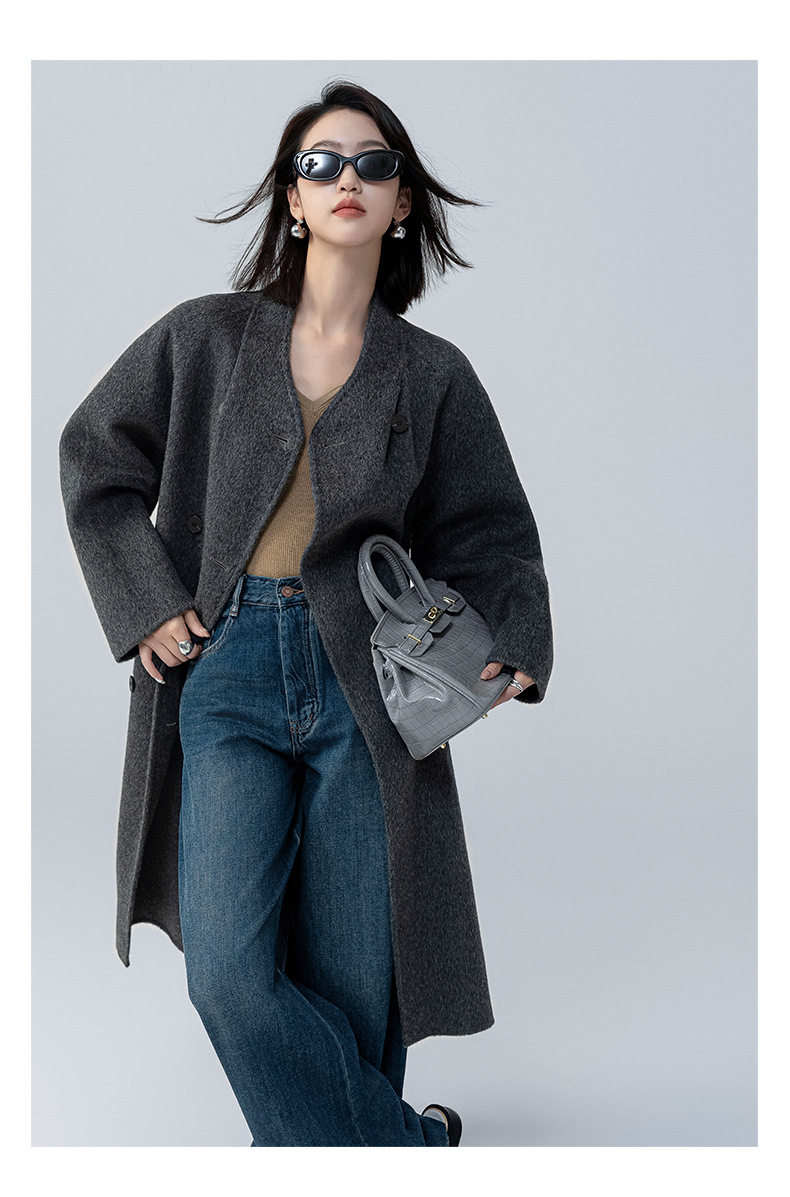 The new stand-up collar double-sided cashmere coat for women in the spring and autumn of 2025 is a long cocoon-shaped alpaca wool woolen coat. It is a popular woolen coat pic 25