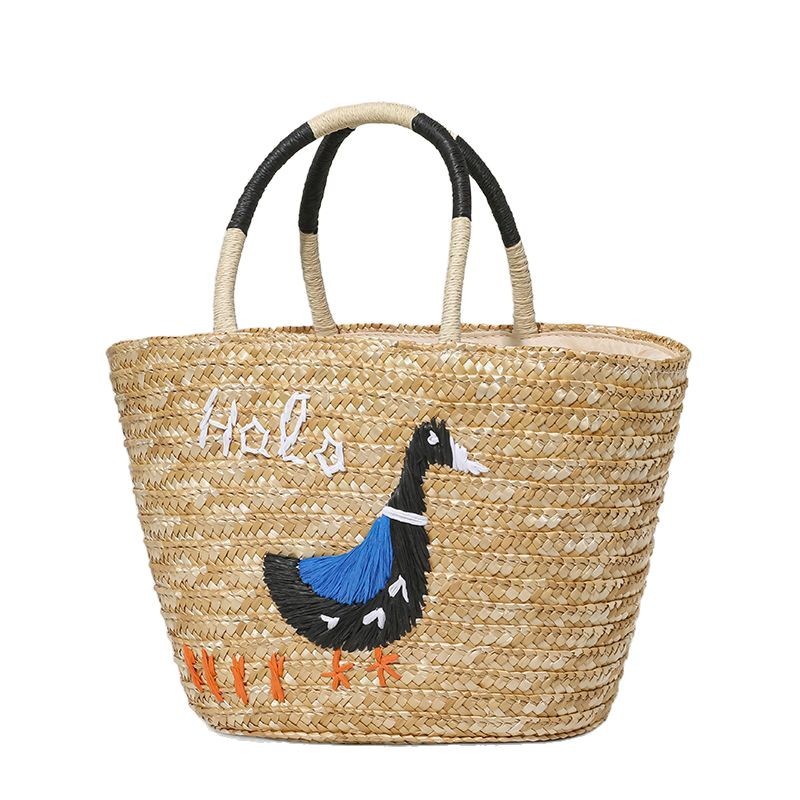手工鸭刺绣国潮草编包包夏天女士沙滩包时尚法式菜篮包复古编织包详情6