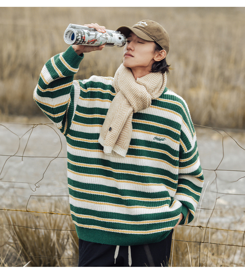 Retro color-blocking striped chunky knit sweater for both men and women, Japanese loose trendy round-neck knitted sweater jacket for autumn and winter pic 14