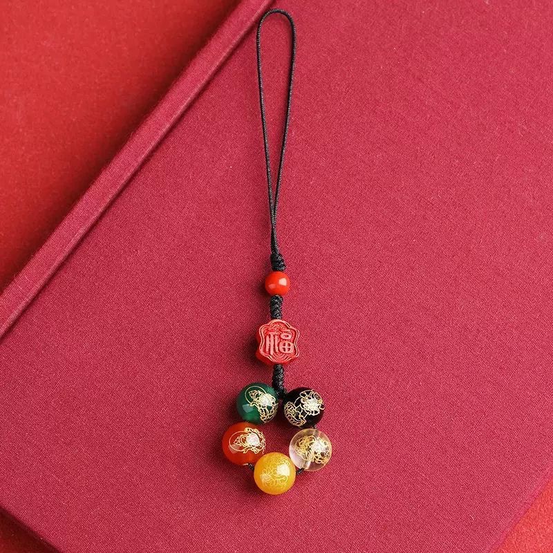 Live-streaming supply: Five Paths of Wealth God mobile phone chain Pendants, cinnabar lucky bag pendants, couple keychains, traditional Chinese style Zen for men and women pic 5