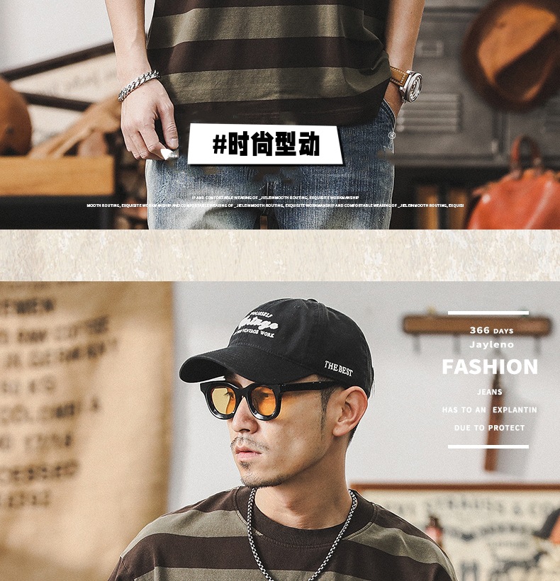 32支双纱平纹纯棉T恤男短袖夏季美式复古重磅宽松大码条纹男体恤详情2