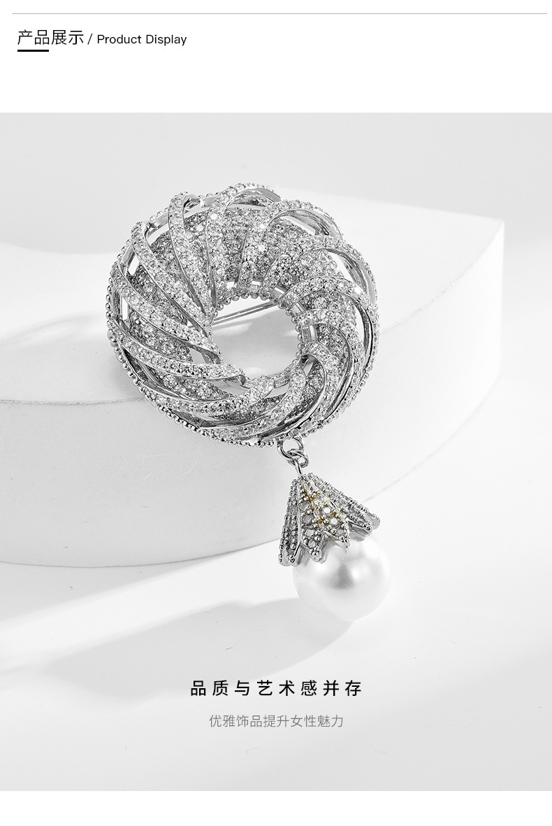 高档经典镂空圆环浪漫热珍珠胸针女小众设计感西装大衣胸花女配饰详情5
