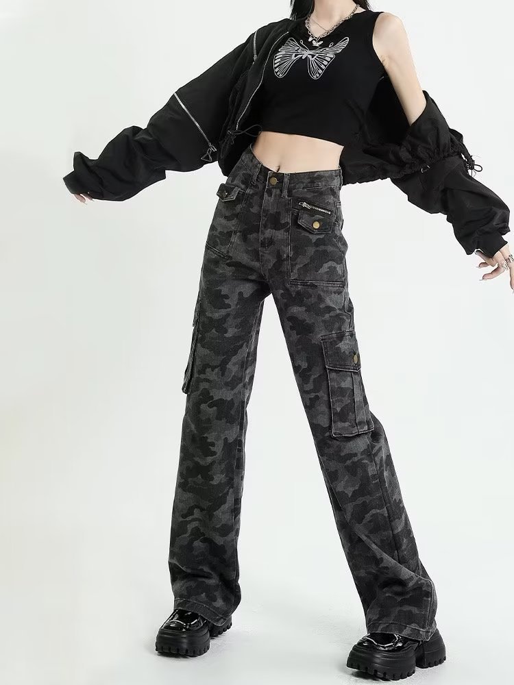 迷彩工装裤女美式高个子牛仔裤子辣妹阔腿裤迷彩服显瘦复古迷彩裤详情5