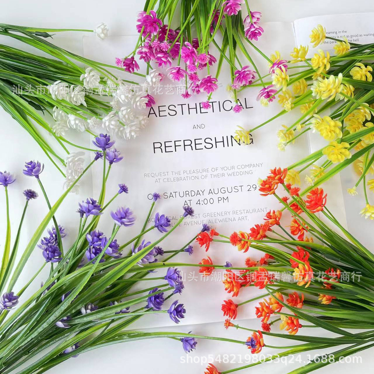 亚马逊跨境人造花7叉春草茶花仿真花满天星玫瑰花水仙花玉米花详情6