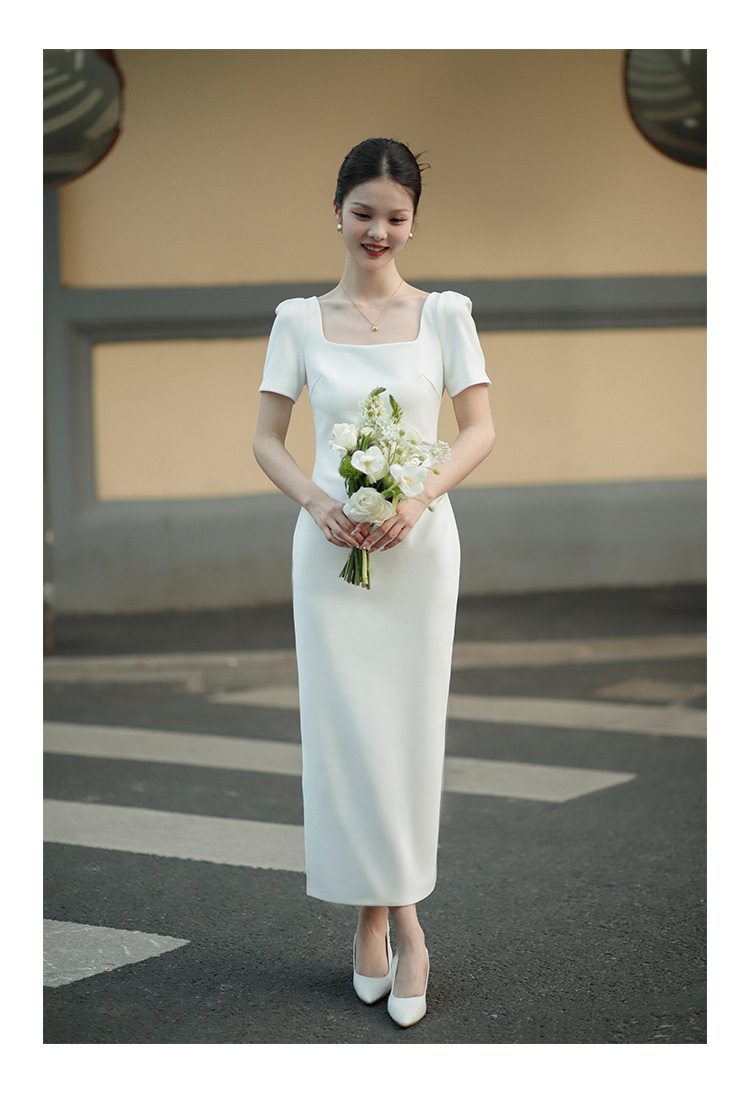 白色法式小礼服方领短袖修身微弹力长款领证订婚小晚礼服连衣裙详情4