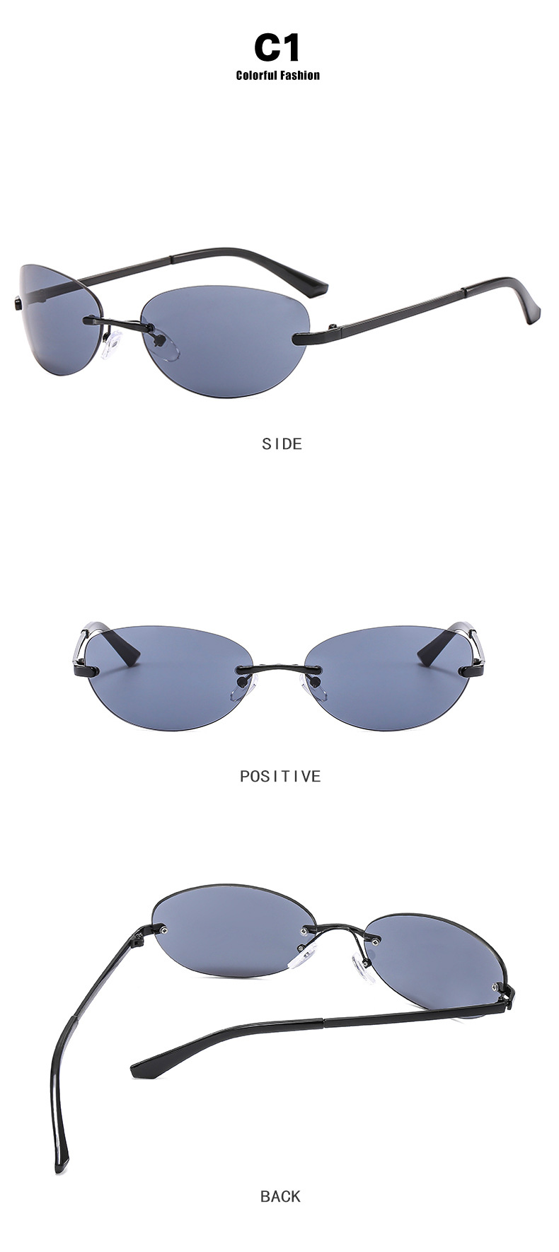 Retro frameless oval sunglasses, Y2K metal ins sunglasses, hot girl sunglasses, pose for street style, futuristic style pic 8