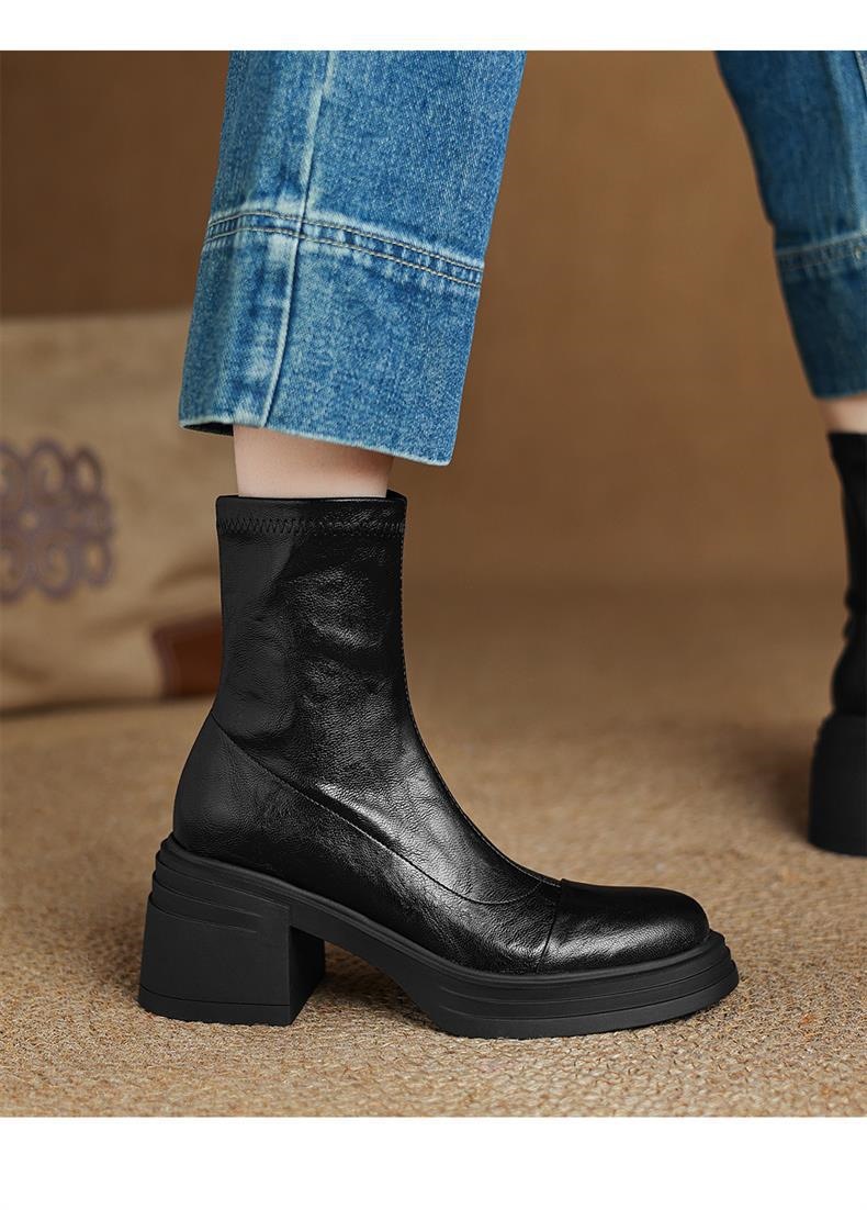 头层牛皮真皮弹力新款瘦瘦靴大码粗跟高跟短靴女秋冬厚底马丁靴详情18