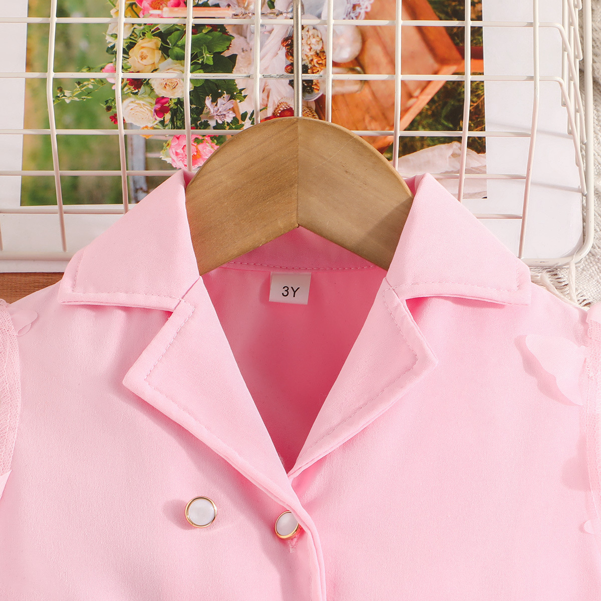 跨境专供—女童春秋装 时尚甜美风儿童套装 精致蕾丝袖西装两件套详情5