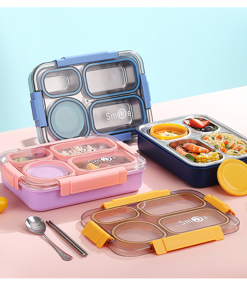 Cross-border best-selling independent sealed stainless steel 4-compartment lunch box with bowl, no cross-flavor student white-collar lunch box pic 15