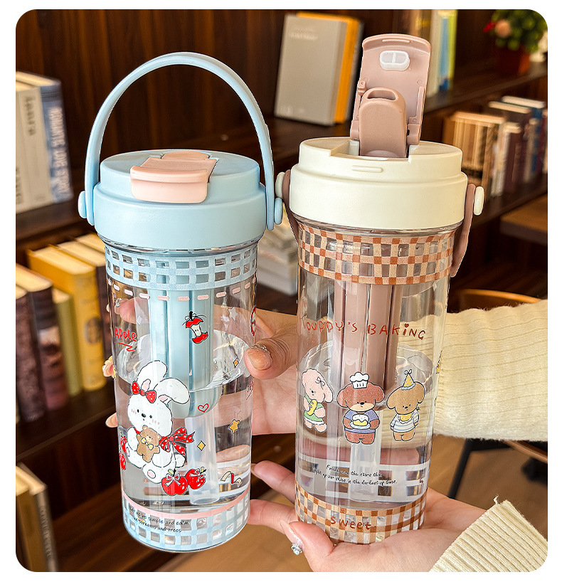 Cute double-drinking straw cup, portable high appearance level student water cup, gift cup wholesale, new cartoon tea strapping plastic cup pic 13