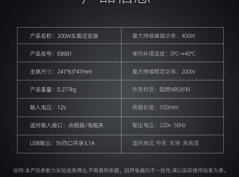 百盈200W迷你车载逆变器12V转220V户外汽配类电源转换器inverter详情12