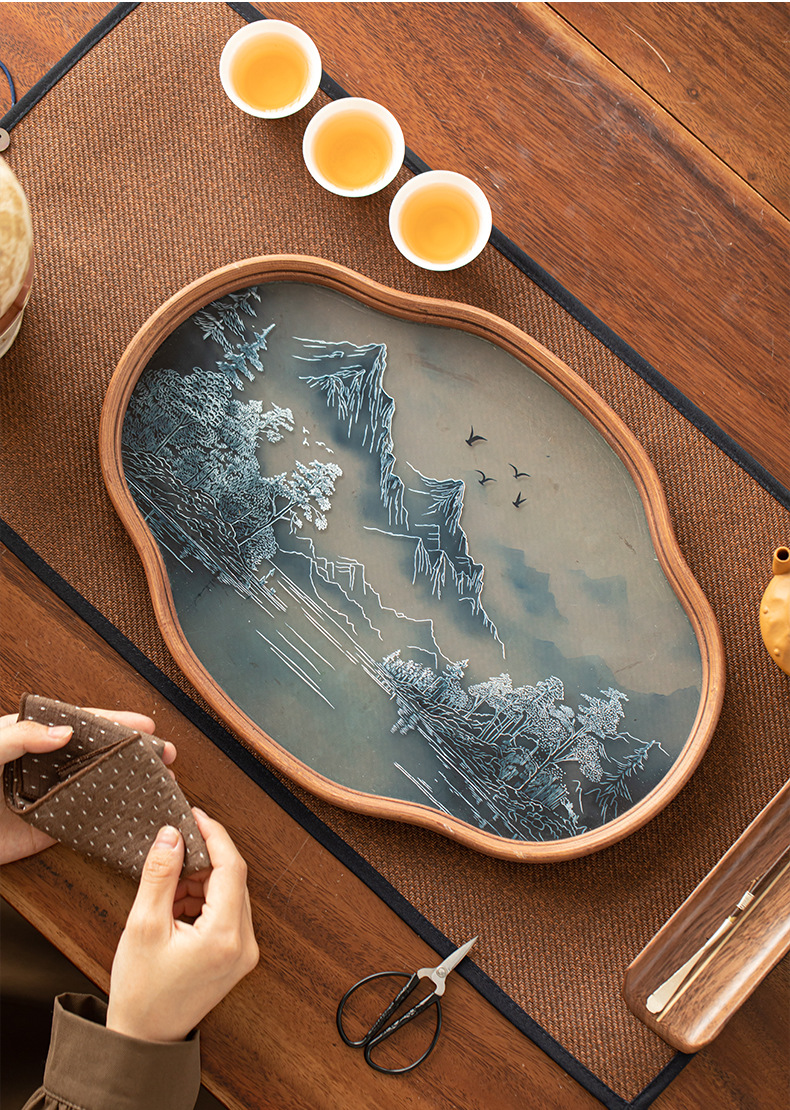 国潮山水玻璃托盘壶承茶盘家用新中式复古山水水墨风海棠花型详情12