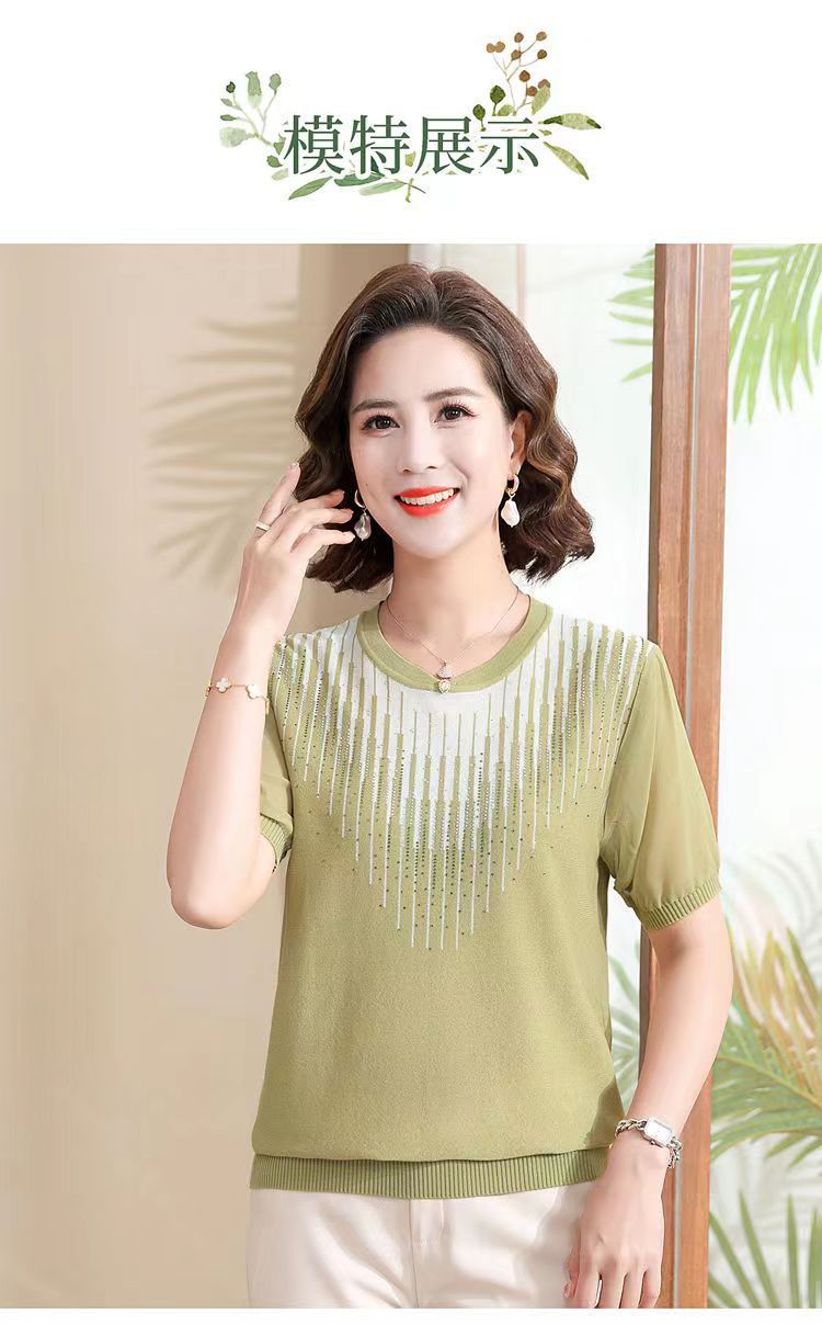 妈妈夏装短袖针织翻领T恤中老年女装冰丝上衣遮肚子薄款小衫套装详情31