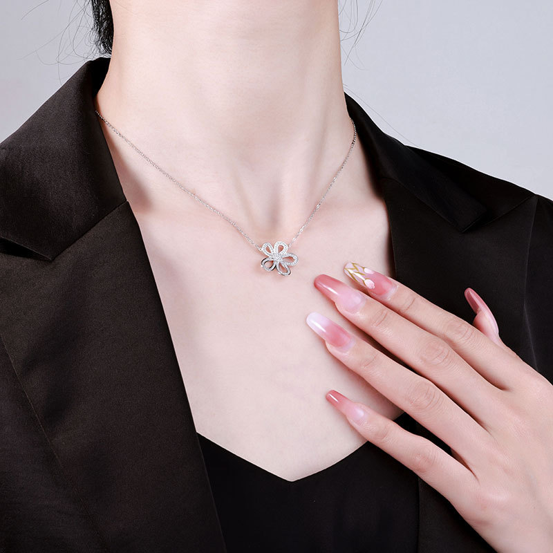 Silver light luxury, niche female full diamond sunflower collarbone chain, popular hollowed-out pendant, moissanite, pure silver camellia pic 12
