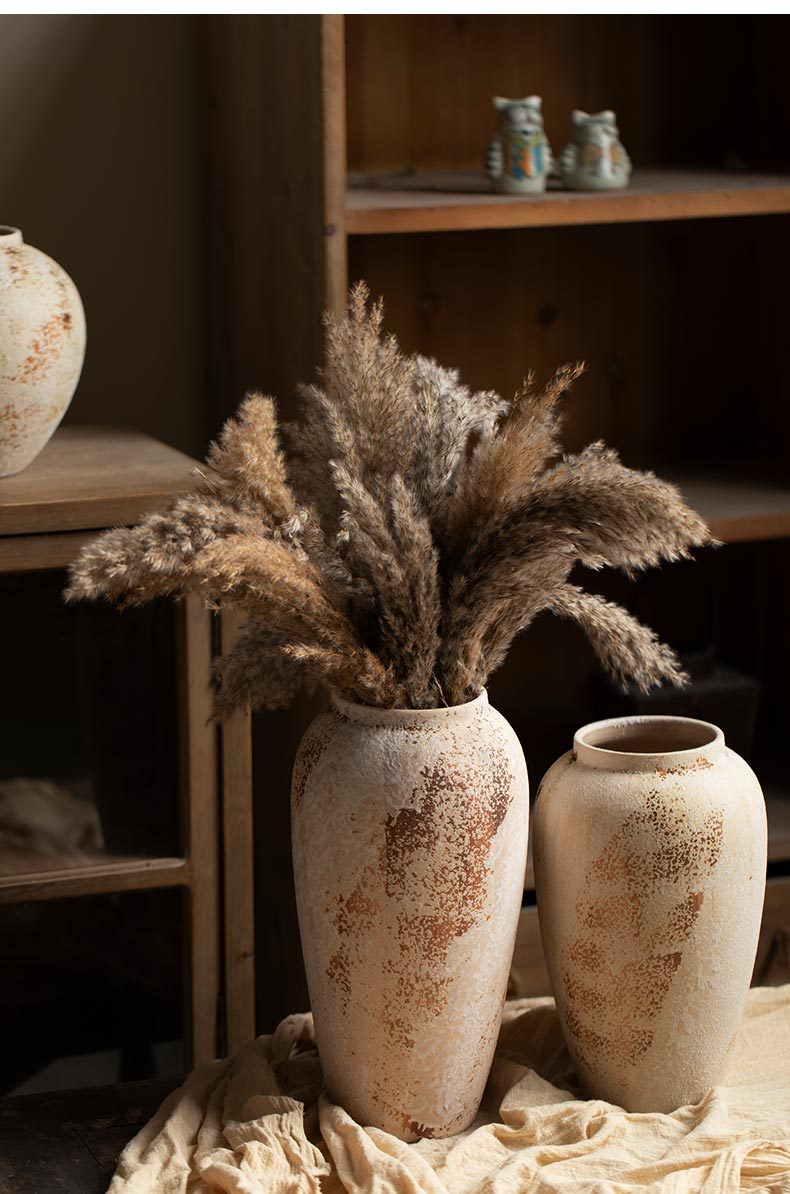 新中式侘寂风装饰品摆件斑驳老旧粗陶罐玄关电视柜插花陶瓷大花瓶详情3