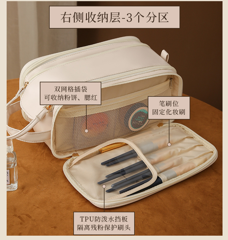 新款双拉大容量化妆品收纳袋便携高颜值pu皮革三层风琴枕头化妆包详情8