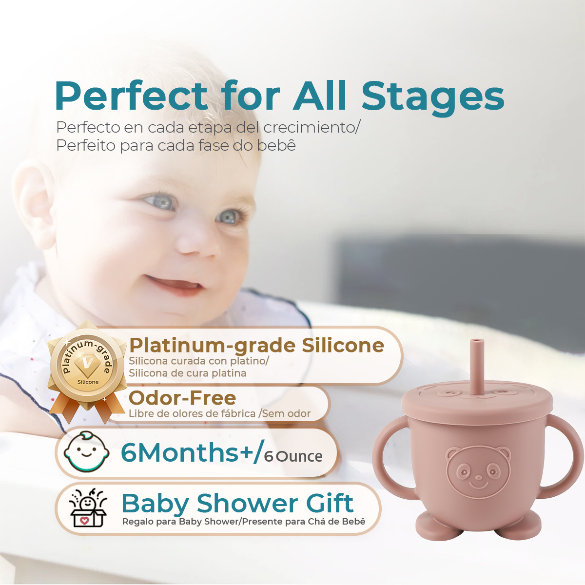 宝宝学饮杯食品级硅胶双耳吸管杯耐摔耐高温小熊猫杯子喂养水杯详情1