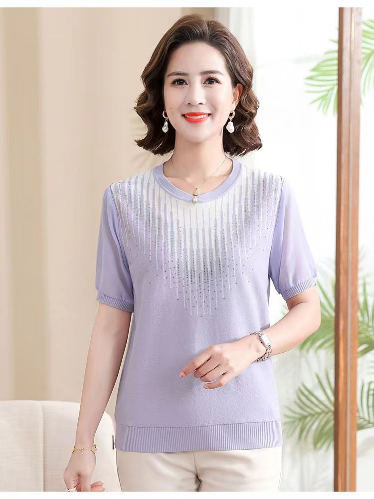 妈妈夏装短袖针织翻领T恤中老年女装冰丝上衣遮肚子薄款小衫套装详情37