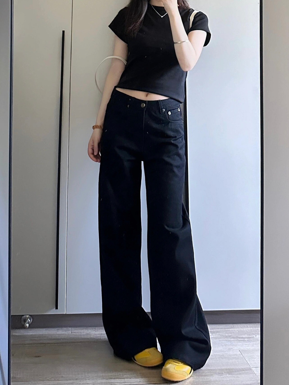 American black straight-leg jeans for women, new autumn 2024 collection, high-waisted, loose, slimming, wide-leg floor-length pants pic 3