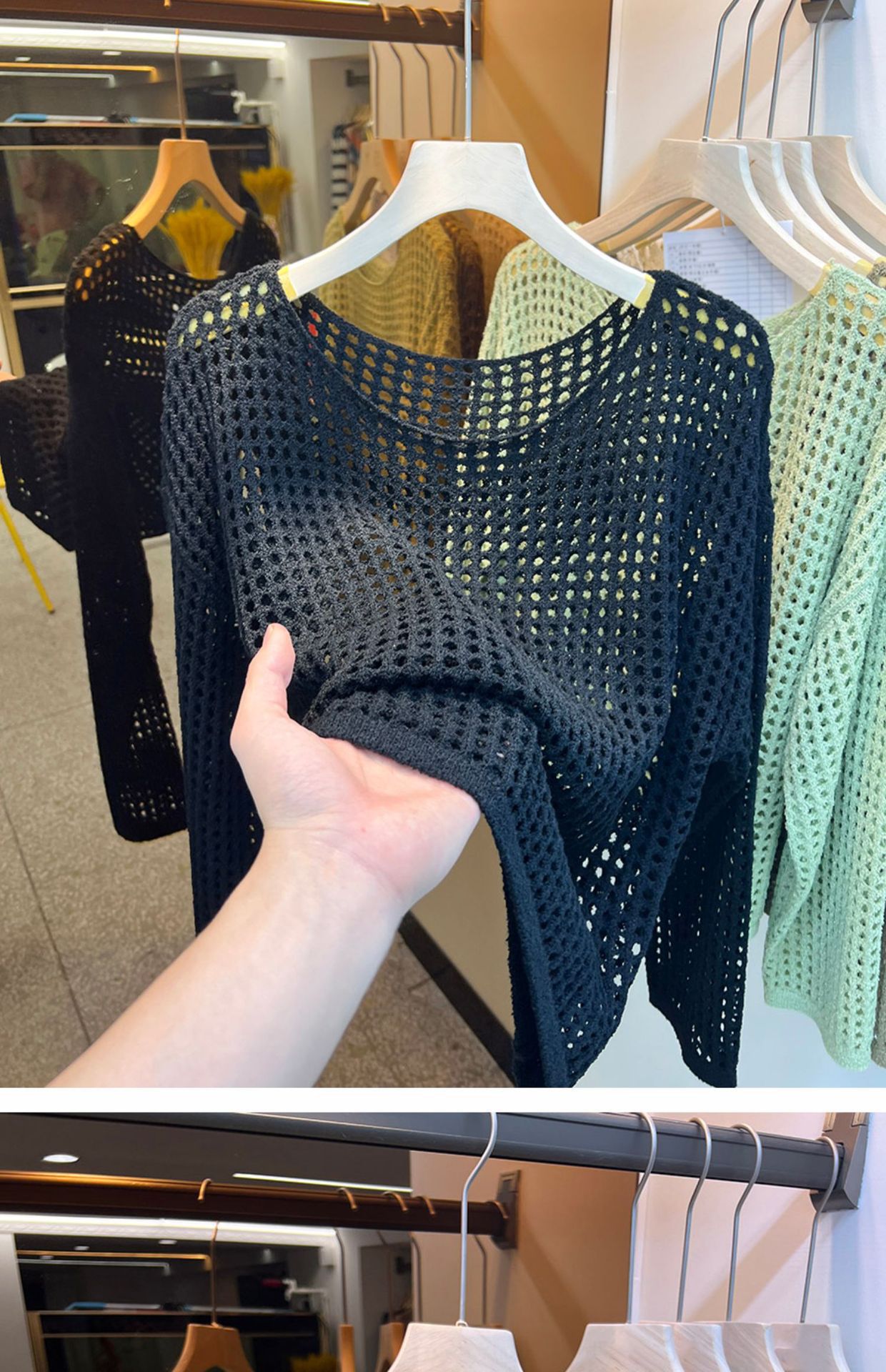 KANING欧货长袖镂空针织网衫女2025夏秋新款网眼罩衫新款上衣网纱详情12