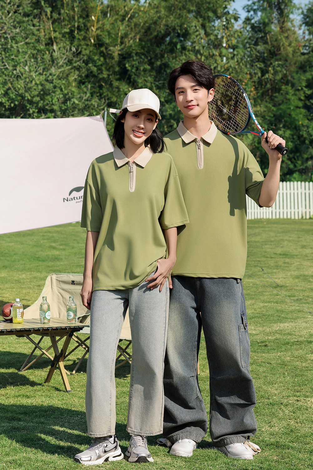 半拉链撞色polo衫工作服定制落肩翻领短袖刺绣学院风个性班服印字详情25