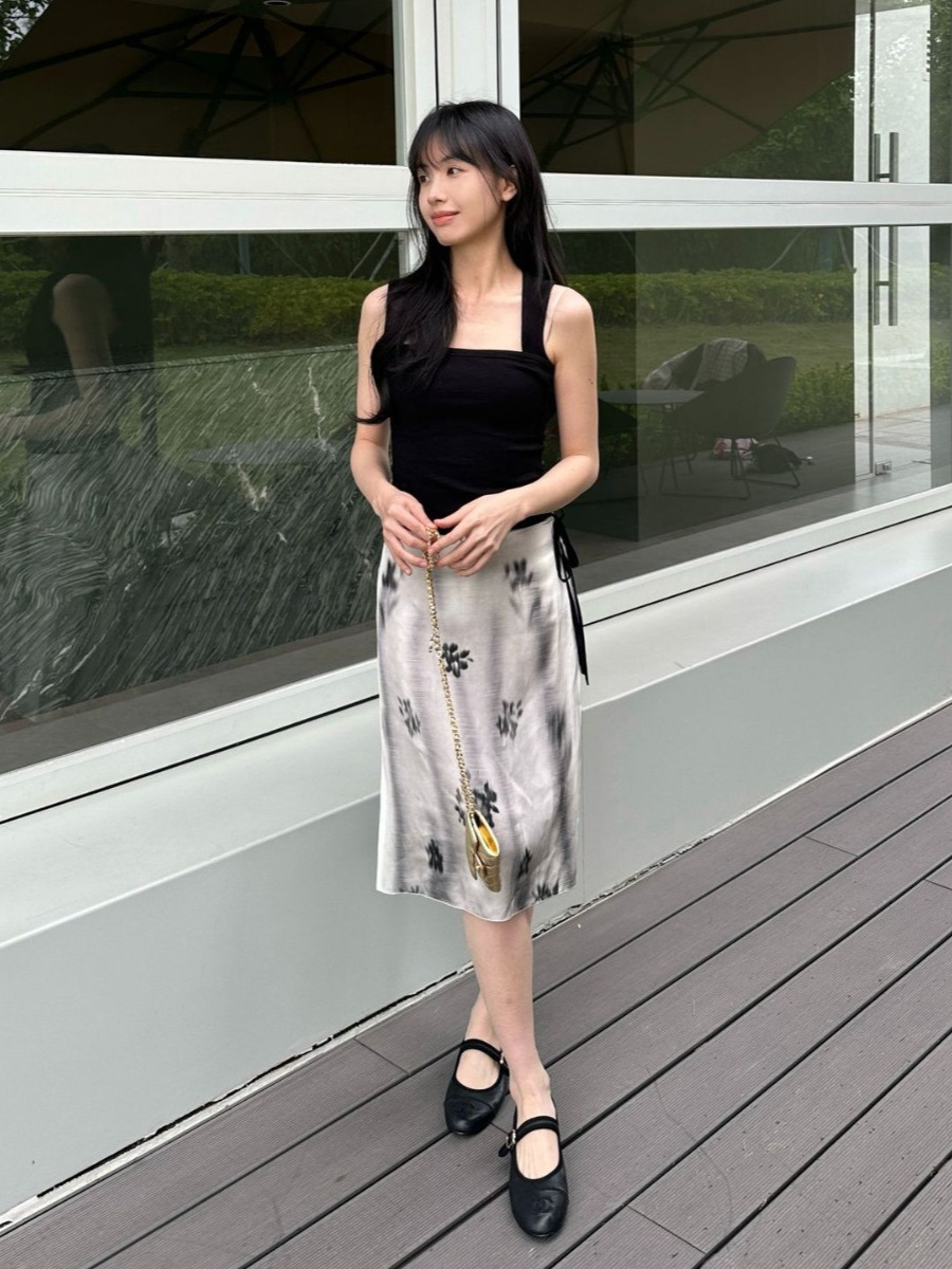 MD25女装新中式优雅晕染印花系结腰身过膝裙半身裙 05217897403详情13