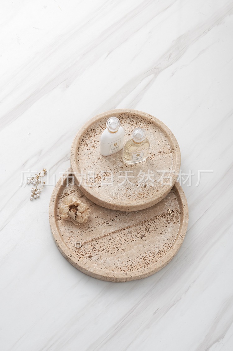 天然洞石盘古木纹大理石饰品托盘欧式酒店简约风装饰摆盘圆形托盘详情6