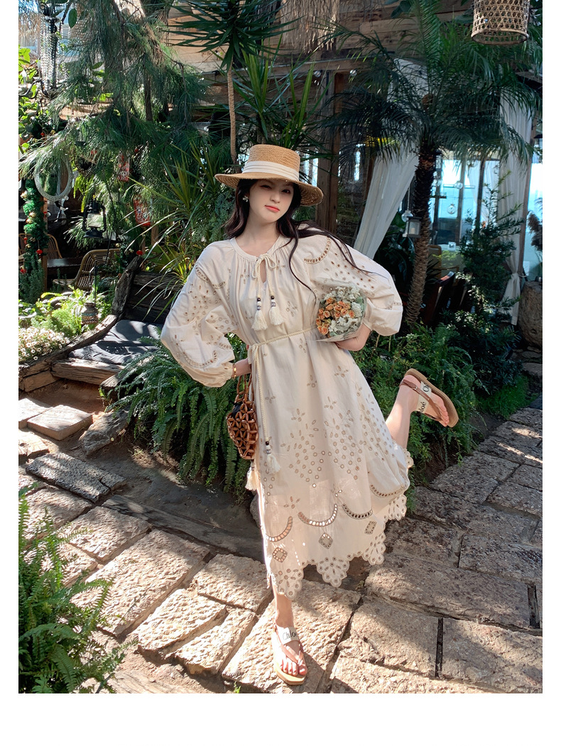 Real photo of a retro, gentle, cut-out embroidered V-neck apricot-colored dress, 2025 new seaside vacation style long-sleeved umbrella dress pic 44