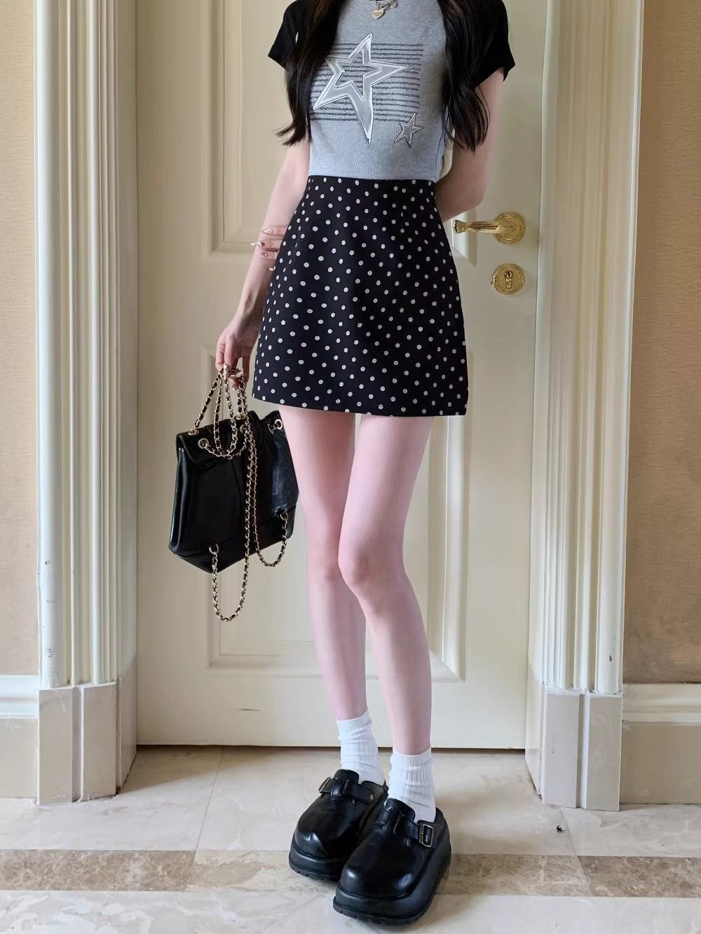 简漫妮波点半身裙夏季休闲百搭包臀裙女辣妹高腰A字裙西装短裙子详情19