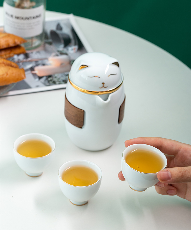 【 Maneki Neko 】 Quick Guest Cup Ceramic Travel Tea Set, one pot, three cups Gongfu tea set, portable and easy to carry for tea brewing pic 19