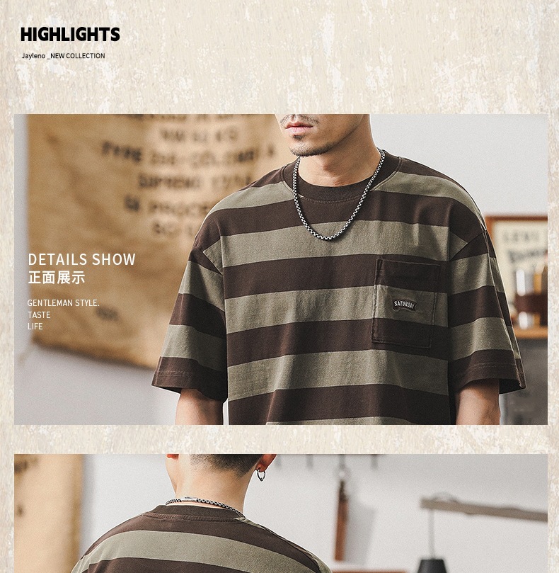 32支双纱平纹纯棉T恤男短袖夏季美式复古重磅宽松大码条纹男体恤详情7