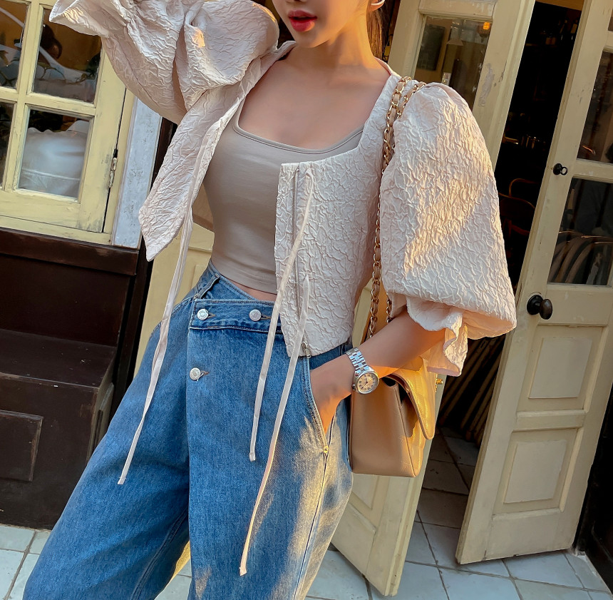 韩国chic春季复古小众高腰百搭不规则斜扣设计感阔腿牛仔裤长裤女详情9