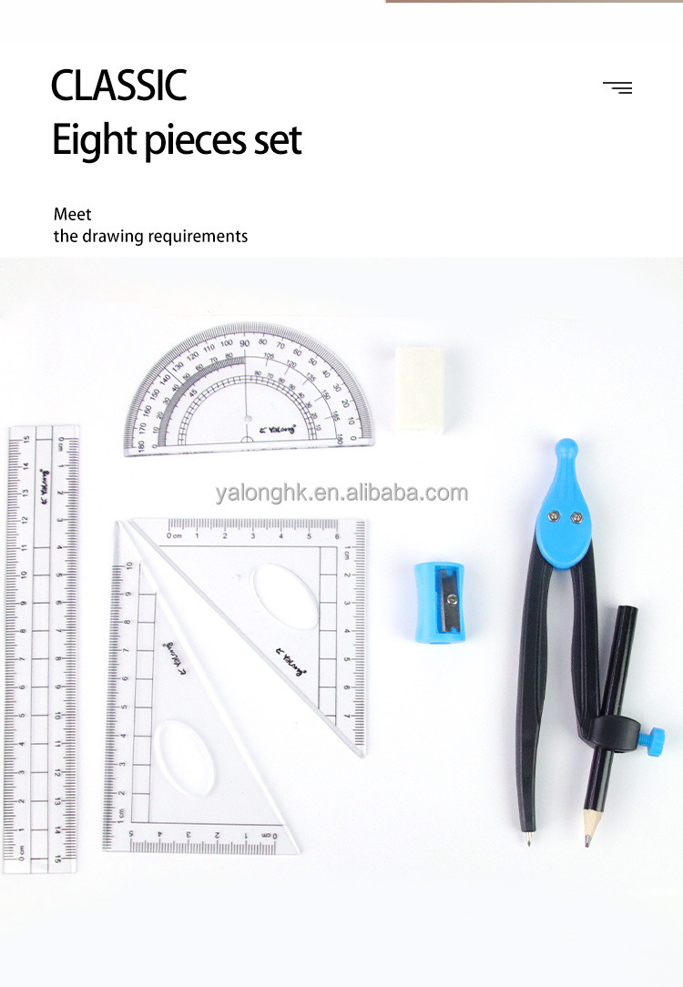 Yalong Cross-border Student Learning Supplies 8-in-1 Durable Plastic Compass Math Set with Ruler and drawing tools pic 2