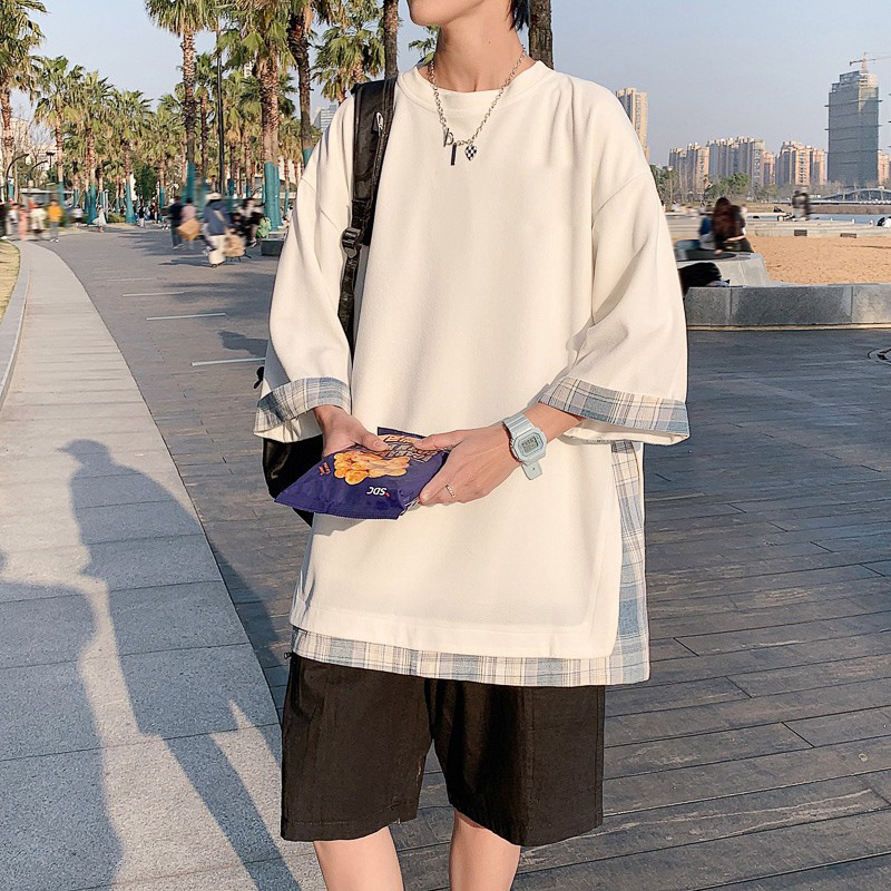 This is a new summer fashion Hong Kong brand ice silk T-shirt with a checkered patchwork design and a unique three-quarter sleeve style pic 8