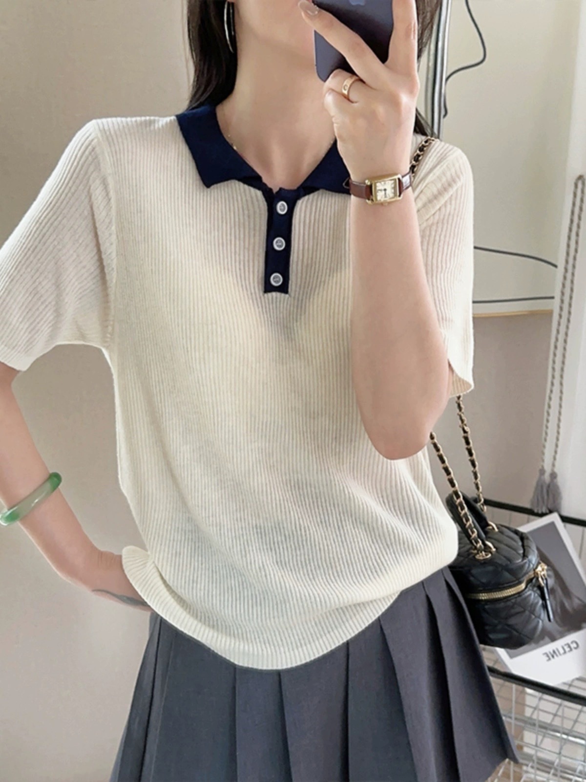 轻薄透气精纺短袖夏季女士上新款POLO领学院风通勤百搭套头T恤衫详情4