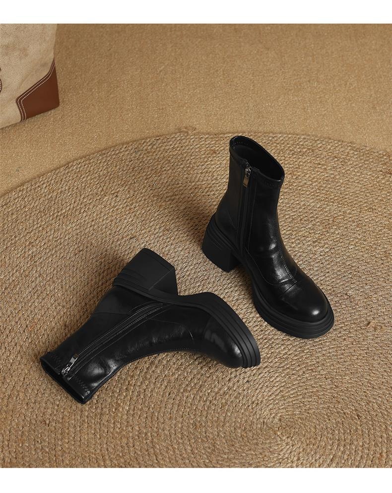 头层牛皮真皮弹力新款瘦瘦靴大码粗跟高跟短靴女秋冬厚底马丁靴详情24