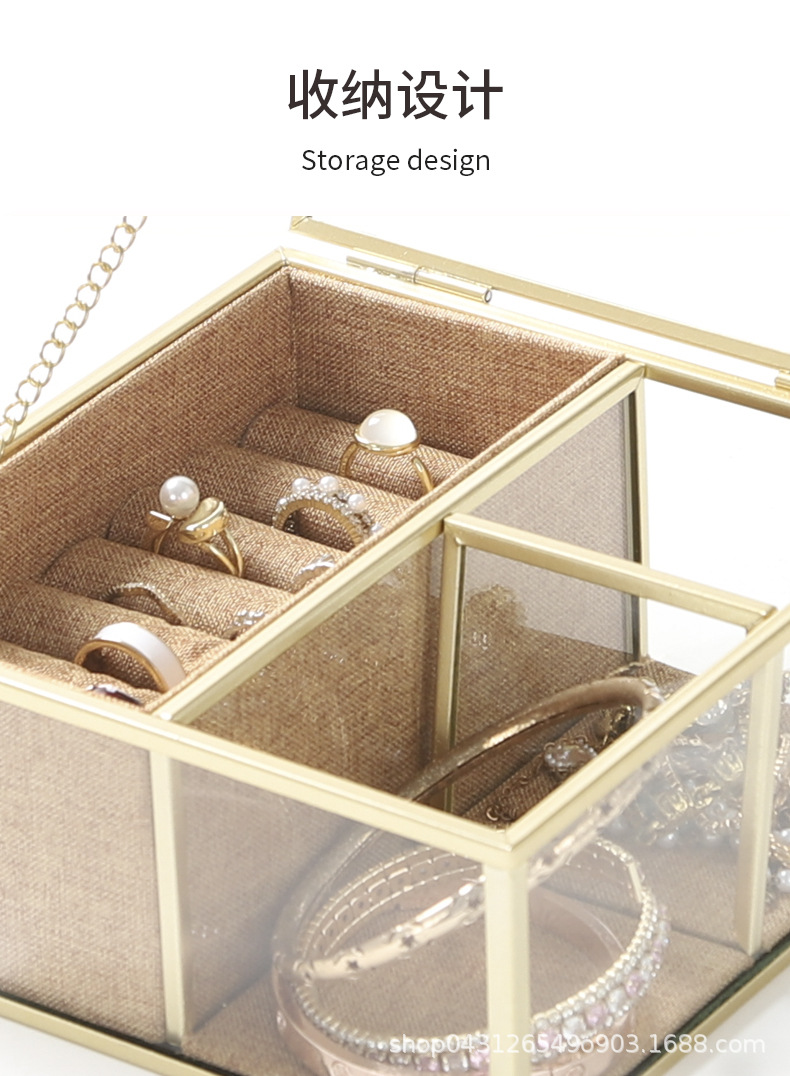 家用戒指存放 铁盒玻璃结合 小物件易丢难题 简约ins风桌面饰品架详情4