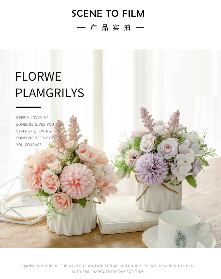 北欧仿真花套装陶瓷麻绳花瓶玫瑰花 仿真植物盆栽家居装饰假花盆详情6