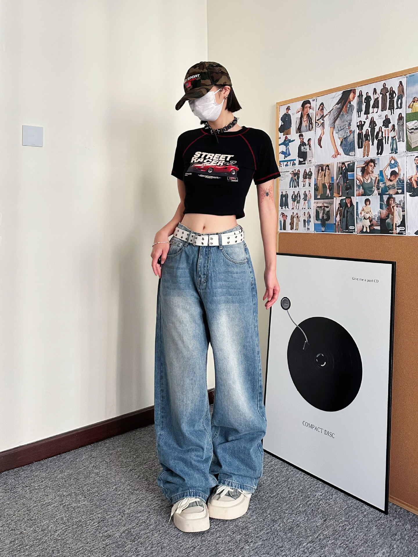 carmour|韩版复古中腰牛仔裤男女浅蓝色水洗设计感宽松直筒阔腿裤详情5