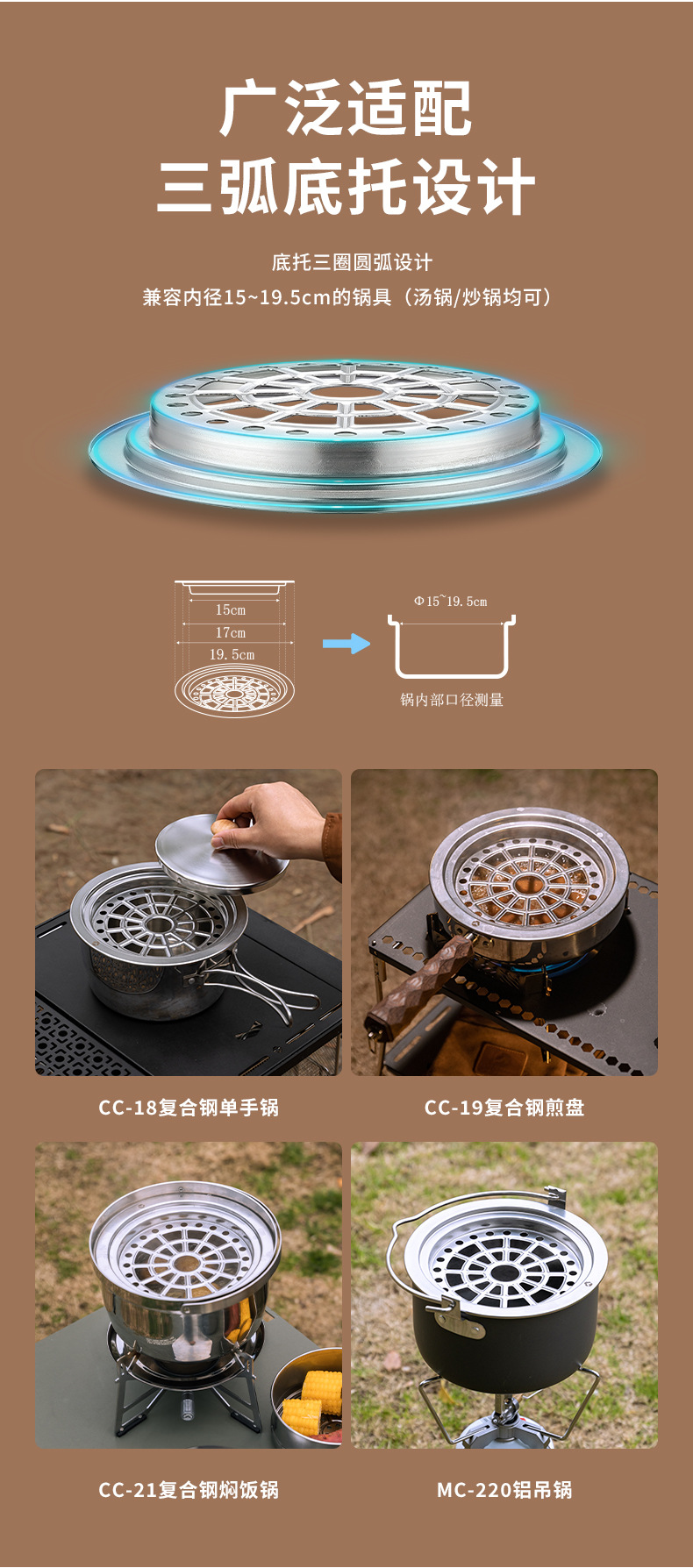 柯曼S363中号多层蒸笼底托套装304不锈钢居家野营便携烹饪蒸屉详情5