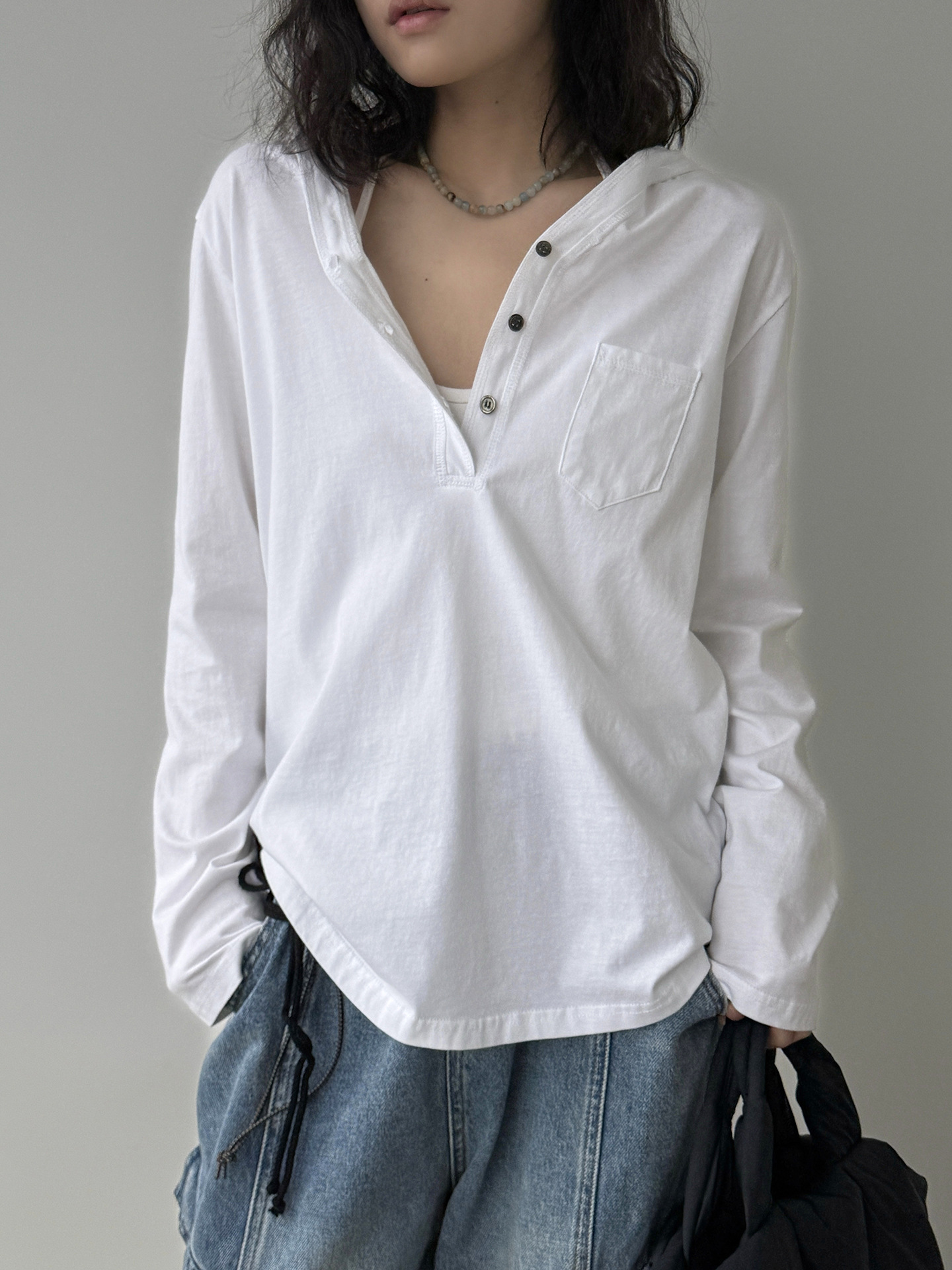 Spring and Summer new hooded Henry collar small pocket T-shirt, loose long-sleeved, laid-back top for women pic 6
