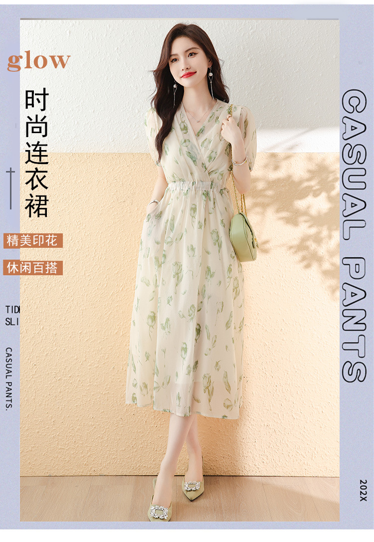 雪纺连衣裙子女士夏季2024年新款春秋收腰短袖v领气质洋气中长裙详情1